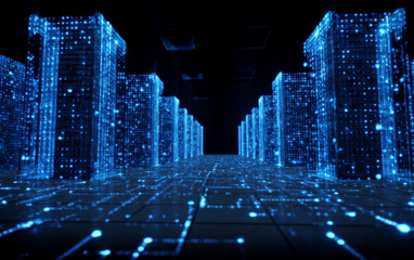 Digital data centers with glowing blue lights representing modern technology
