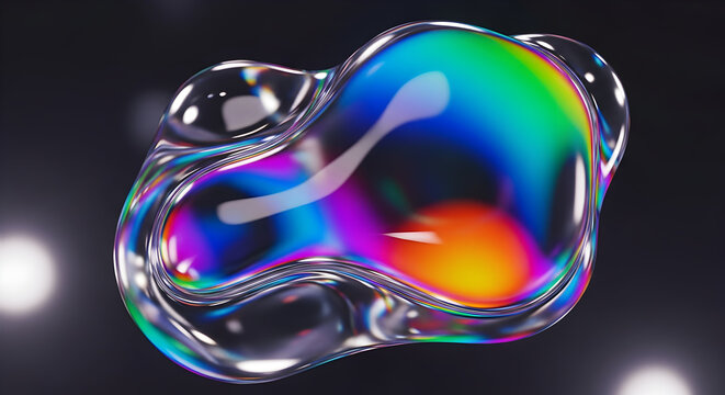 Abstract iridescent liquid blob with rainbow colors and reflections against a dark background representing fluid dynamics and light refraction in a mesmerizing visual