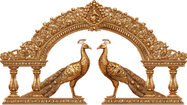 Golden ornamental peacock arch decorative sculpture isolated on white background