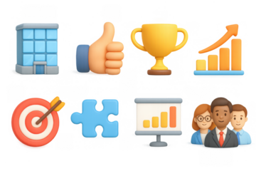 Colorful 3d business icons set featuring trophies, targets, and graphs