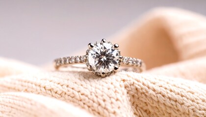 Close-up of a diamond ring on beige fabric