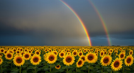 A vibrant field of sunflowers under a dramatic sky with a magnificent double rainbow.