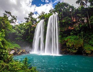Fototapeta premium Lush waterfall cascading into a turquoise pool