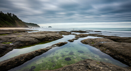 A serene long exposure captures the rocky Oregon coast with tidal pools and distant sea stacks under a dramatic cloudy sky.