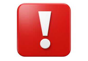 Isolated glossy red rounded square, exclamation mark in center to denote importance