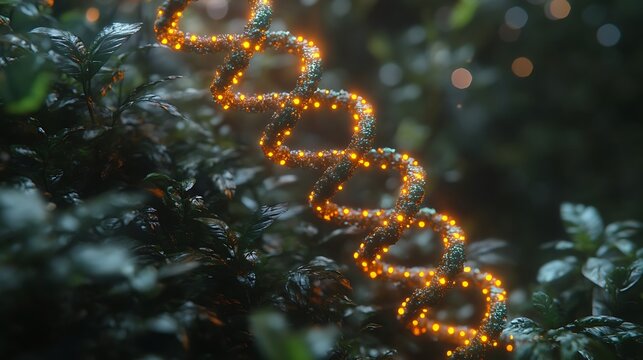 Glowing golden dna double helix in foliage
