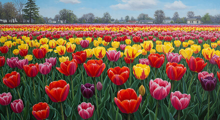 A vibrant oil painting captures a sprawling field of colorful tulips under a bright blue sky, with distant houses and trees.