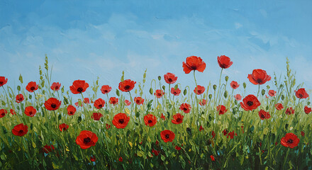 A vibrant oil painting depicting a field of red poppies under a clear blue sky with expressive brushstrokes.