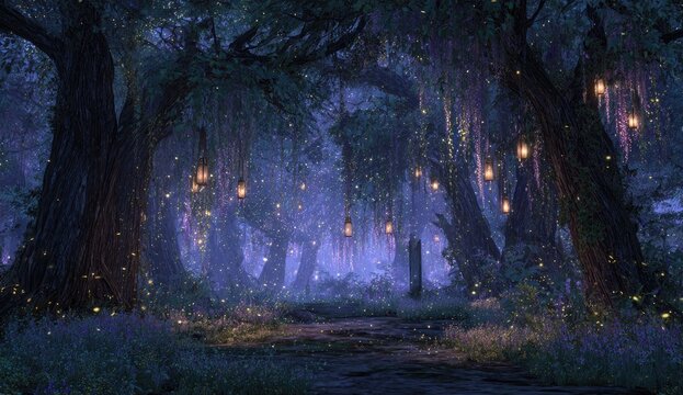 Mystical forest path bathed in ethereal light. Hanging lanterns illuminate a tranquil, shadowed woodland