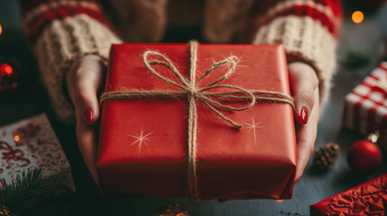 close-up of female hands wrapping gift with red paper and twine crafting present holiday packaging process festive preparation cozy christmas atmosphere