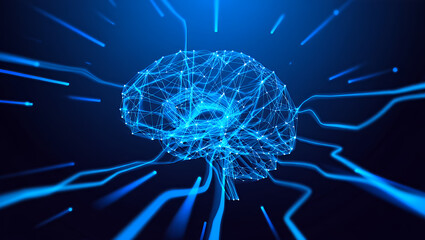 A glowing blue digital brain representing a neural network with radiating lines of data and information.