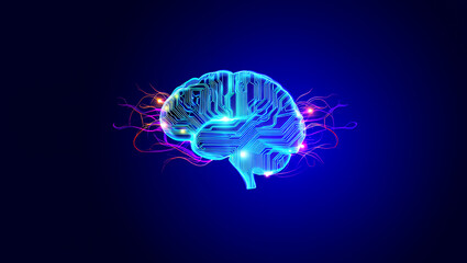 Fototapeta premium Digital illustration of a glowing blue brain with electrical impulses, representing artificial intelligence.
