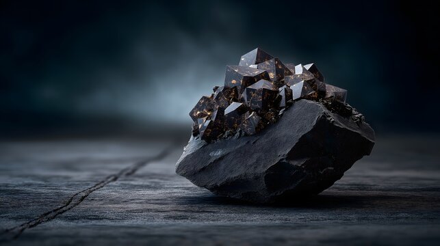 Hyperrealistic chunk of sphalerite ore with dark zinc sulfide crystals on slate tile