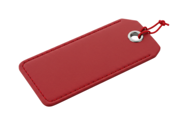 Isolated red rectangular leather label with silver grommet and string tied in a knot