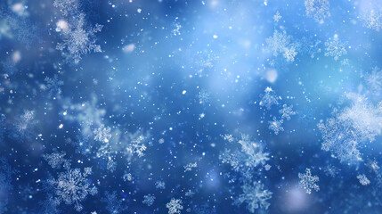 Fototapeta premium In the winter, snow falls on a blue sky with blue particles. Merry Christmas, holiday, winter, new year, snowflake, snow, festive, snow flakes, Christmas loop background