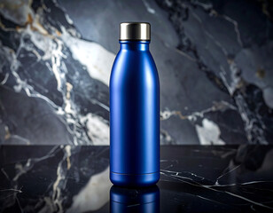 Close-Up of a Stylish Blue Water Bottle on Marble Surface