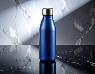 Close-Up of a Stylish Blue Water Bottle on Marble Surface