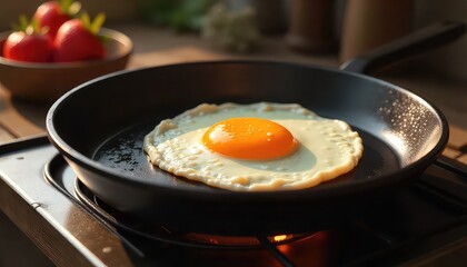 A sunny side up egg frying in a black pan with strawberries in the background on a wooden surface
