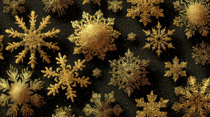 A winter festive design featuring gold glitter and gleaming snowflakes. 