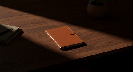 A brown leather notebook sits on a dark wooden desk, illuminated by a dramatic diagonal shaft of light.