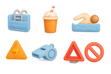 3d poolside icons: swimming, juice, safety symbols, and whistle in pastel tones