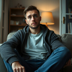 Obraz premium Sad lonely man sits at home room looks pensive thinks over life concerns or unrequited love suffers from unfair situation. Caucasian alone guy problem, break up, depressed feeling bad annoyed burnout.