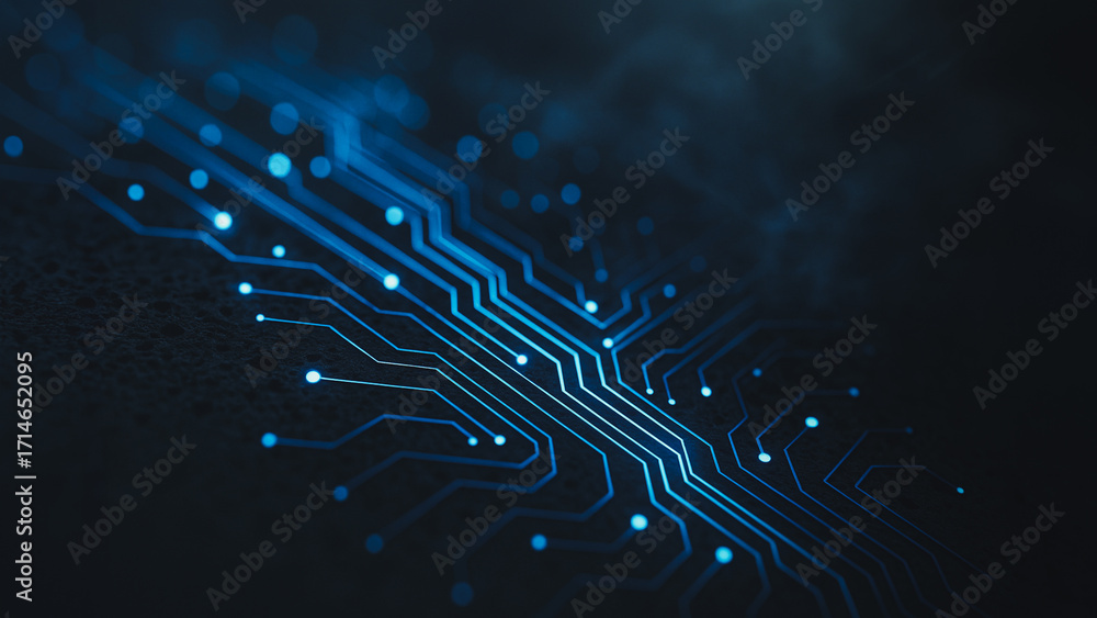 Poster an eye-level view of a microchip, a symbol of the digital age, is rendered in photorealistic detail,