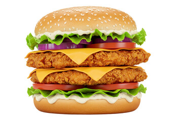 Isolated double chicken sandwich with cheese, lettuce, tomato, red onion; yummy food