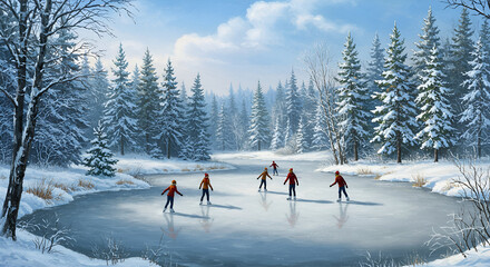 Children ice skating on a frozen pond surrounded by snow-covered pine trees in a beautiful winter landscape.