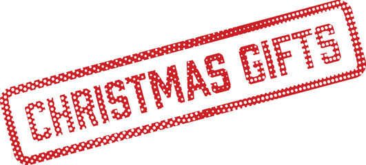 Red polka dot Christmas gifts text isolated on white appears as a printed rubber stamp