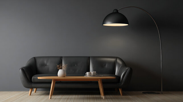 3D coffee table, floor light, and soft black modern sofa. Pictures of guest room furnishings that are realistic in order to convey the ideas of relaxation, comfort, and waiting. within a room. The vec