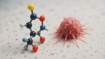 A detailed image depicting a molecular model juxtaposed against a cancer cell, offering an insightful visual narrative in the realm of science and medical research.