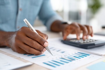 Obraz premium Hands calculating budget expenses in a colorful office to manage debt obligations effectively