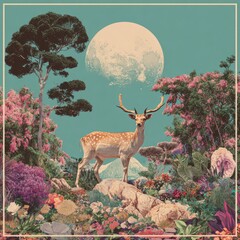 Deer on a hilltop, lush floral landscape, full moon