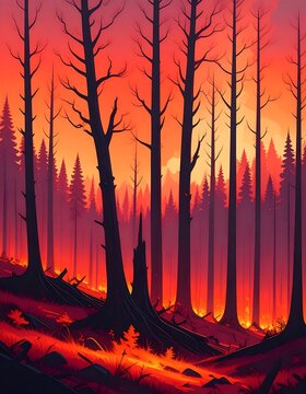 Forest fire at sunset. Vivid illustration of burnt trees