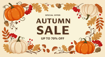 Autumn sale banner with pumpkins, leaves, and berries.  Up to 70% off.
