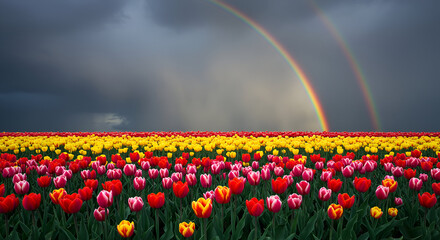 A vibrant field of multicolored tulips blooms under a dramatic stormy sky, illuminated by a brilliant double rainbow.