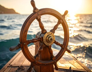 Wooden ship's wheel at sunset