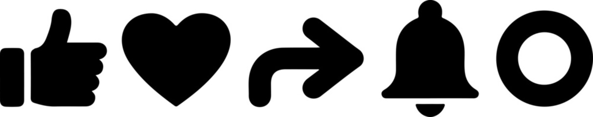 Social media engagement icons a thumbs up, heart, share arrow, and notification bell on a white background, representing likes, appreciation, distribution, and alerts for online interaction