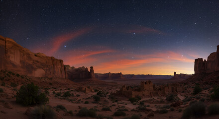 A vast desert landscape with ancient ruins illuminated by the twilight glow under a starry night sky.