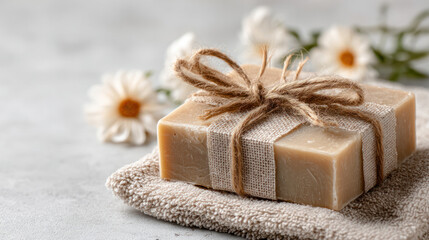 Create an eco-friendly gift or present box on a white backdrop with a bow. For text and design, use copy space. The idea of soap, zero waste, plastic-free, and environmentally friendly. 