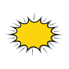 Yellow comic starburst bubble with black outline, blank pop art explosion shape, retro cartoon blast frame for text, comic speech design element on white background