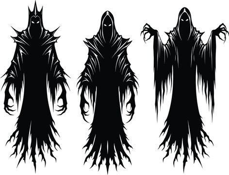 Dark wraith silhouette, haunted ghost spirits, evil cloaked figures, fantasy horror characters, shadowy monsters, supernatural beings, spooky vector illustration, eerie design