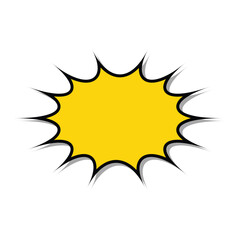 Yellow cartoon explosion bubble with black edge, retro comic starburst frame, pop art blast speech element isolated