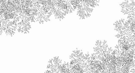 Elegant frame of hand-drawn tree branches with detailed leaves. Black and white line art creating a natural corner border, isolated on a white background with copy space.