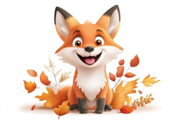 Obraz premium Cute cartoon fox sitting among colorful autumn leaves