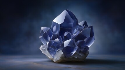 Hyperrealistic sapphire crystal cluster polished on onyx tile with hexagonal faces and sparkles