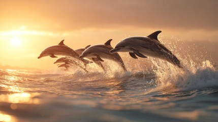 A pod of dolphins leaps from the ocean at sunrise, silhouetted against the golden light and cloudy sky