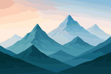 Fototapeta premium Stylized mountain landscape with gradient sky and layered blue peaks
