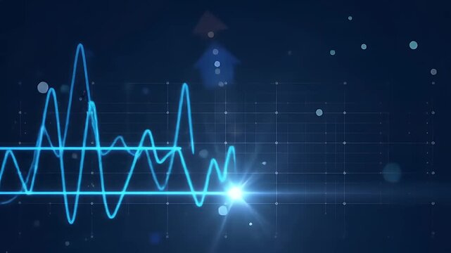 Abstract futuristic vector background with a glowing blue digital waveform, showing data signals that fly through a technological grid like a flying pulse of energy